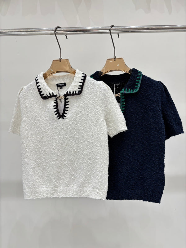 25 Early Autumn Collared Openwork Knit Short Sleeve