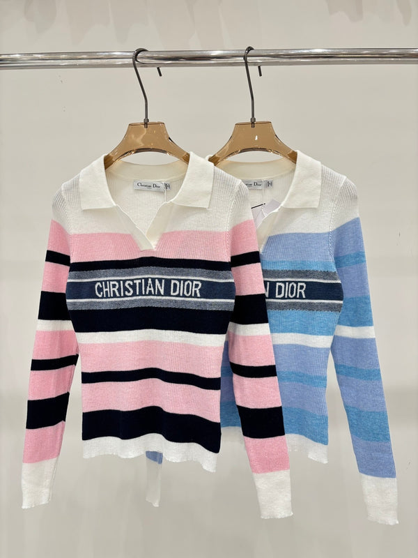 Half-collar color-blocked striped long-sleeved shirt