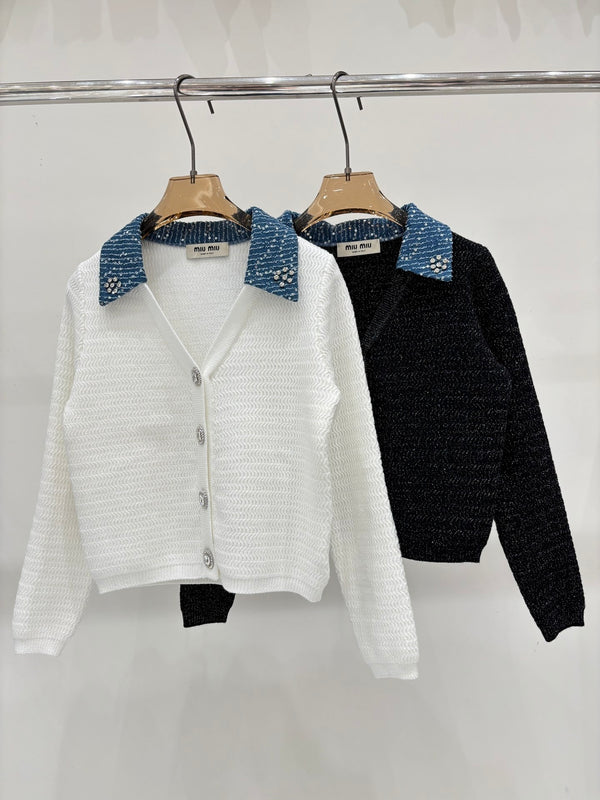 25 Early Autumn Half-Open Collar Denim Patchwork Casual Cardigan